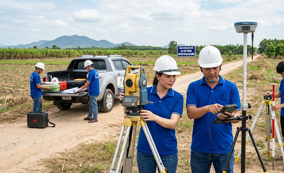 Đội ngũ kỹ sư Đo Đạc Tây Ninh mang máy toàn đạc điện tử và thiết bị GPS RTK chuẩn bị triển khai đo đạc địa chính tại thực địa huyện Bến Cầu, tỉnh Tây Ninh
