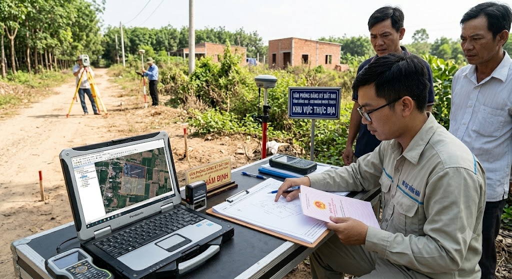 Kỹ sư Đo Đạc Đồng Nai đang đối chiếu bản đồ địa chính thực địa với sổ đỏ tại một thửa đất tranh chấp ranh giới tại huyện Nhơn Trạch, tỉnh Đồng Nai