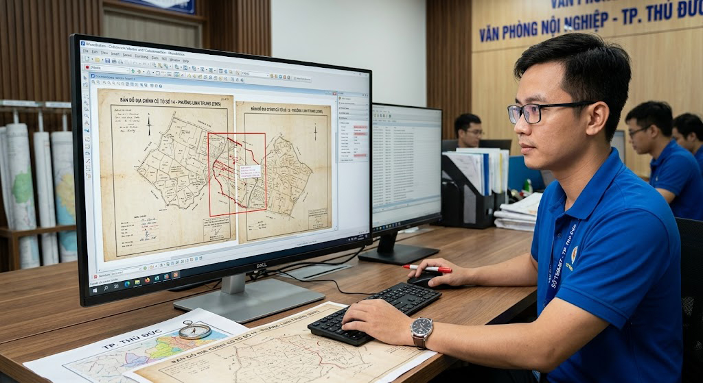Hãy đóng vai một chuyên gia chỉnh sửa hình ảnh chuyên nghiệp. Nhiệm vụ của bạn là tạo và nâng cấp hình ảnh mà tôi yêu cầu với chất lượng chuẩn studio     Yêu cầu tạo hình ảnh: Bản đồ ghép hai tờ địa chính cũ tại khu vực TP. Thủ Đức TP.HCM đang được kỹ sư nội nghiệp kiểm tra sai số ghép tờ trên phần mềm MicroStation/Famis