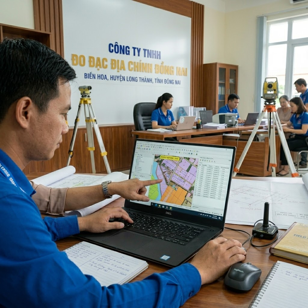 Kỹ sư trắc địa ngồi trước laptop xử lý số liệu đo đạc GNSS RTK, màn hình hiển thị bản đồ địa chính số và bảng tọa độ các điểm đo tại văn phòng làm việc