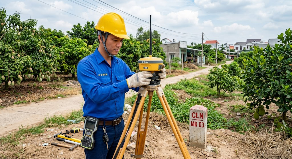 Kỹ sư trắc địa xử lý tranh chấp ranh giới đất giữa hai chủ đất hàng xóm tại khu dân cư Phường Phú Bình Biên Hòa, sử dụng máy GPS RTK và thiết bị toàn đạc điện tử Topcon đo kiểm tra mốc ranh giới thực địa