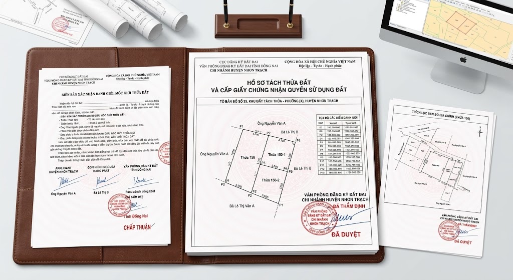 Hồ sơ tách thửa đất hoàn chỉnh tại huyện Nhơn Trạch bao gồm bản vẽ địa chính, biên bản xác nhận ranh giới và trích lục bản đồ có dấu Văn phòng Đăng ký Đất đai