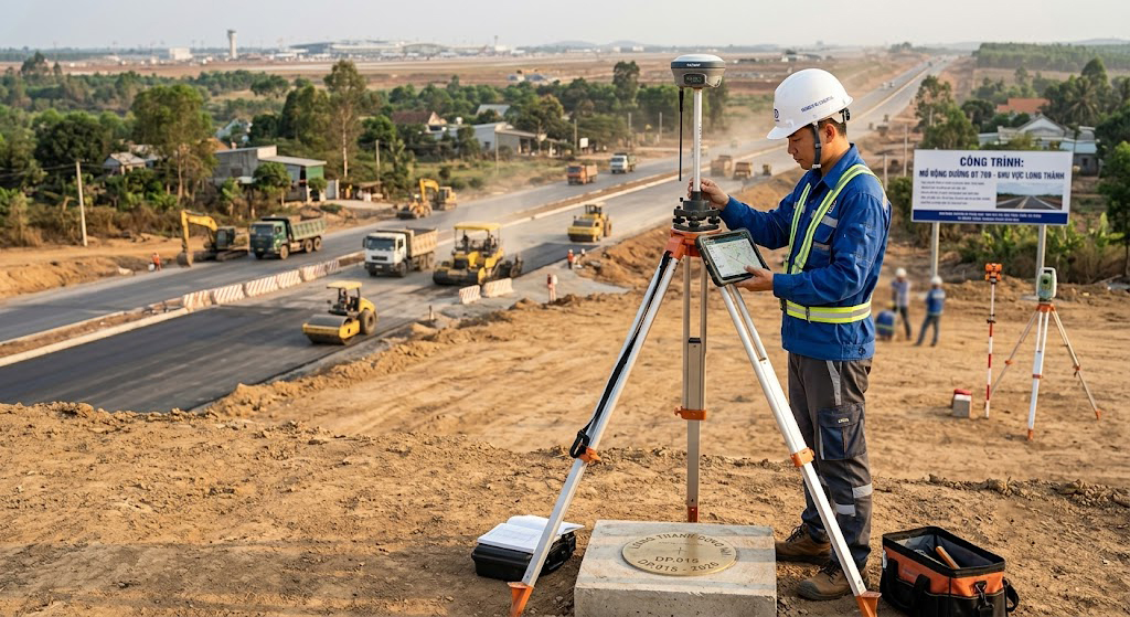 Máy định vị vệ tinh GNSS RTK 2 tần số đang được kỹ sư trắc địa thiết lập tại điểm khống chế trắc địa trên một thửa đất ven tuyến đường mở rộng tại khu vực Long Thành Đồng Nai