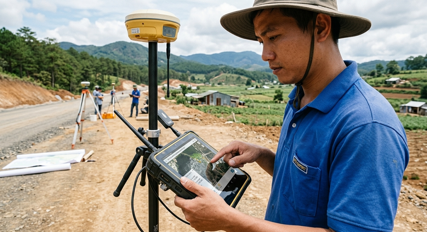 Kỹ sư trắc địa Đo Đạc Đồng Nai đang sử dụng máy GPS RTK 2 tần số đặt trên mốc ranh giới thửa đất tại khu vực giải tỏa Vành Đai 3, xã Long Tân, Nhơn Trạch, Đồng Nai