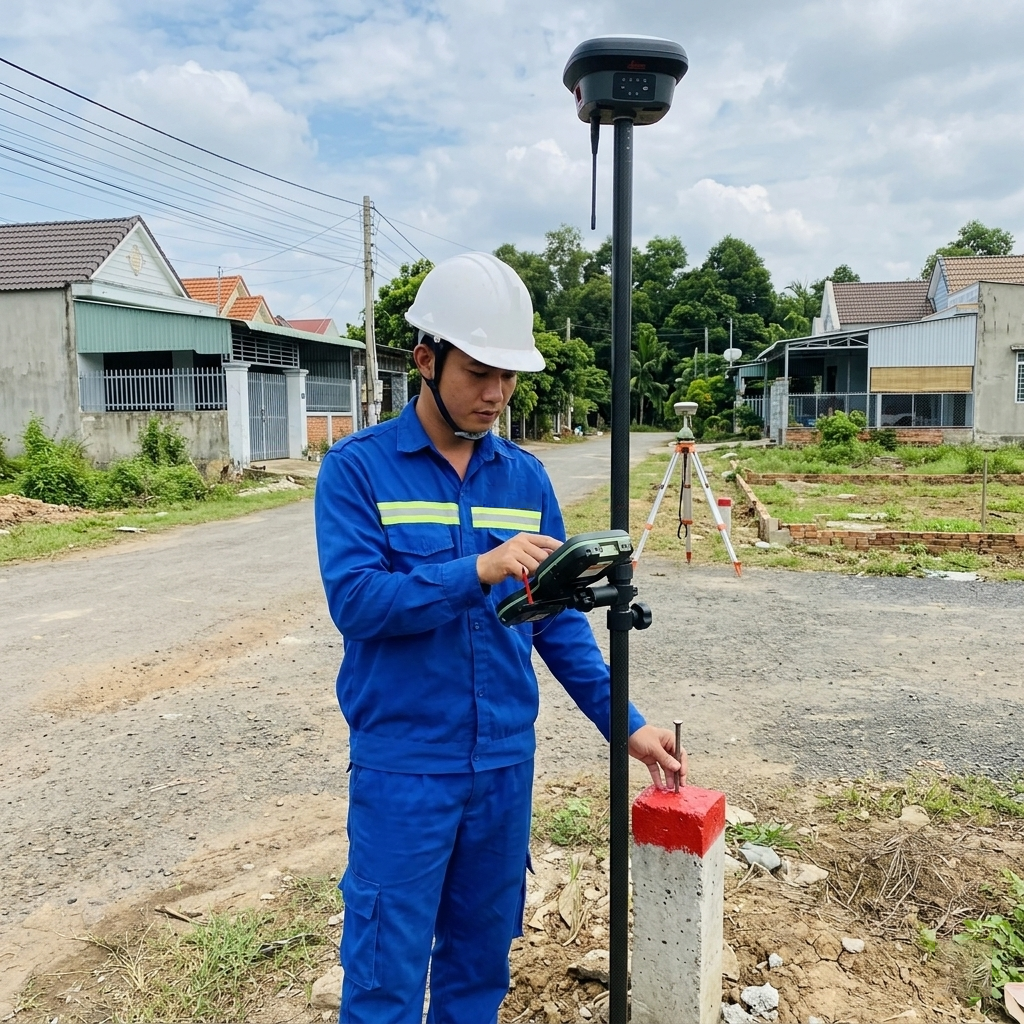 Kỹ sư trắc địa Đo Đạc Đồng Nai đang vận hành máy GPS RTK Leica GS18 T kết nối trạm CORS để định vị mốc ranh giới thửa đất thổ cư tại xã Xuân Trung, huyện Xuân Lộc, Đồng Nai