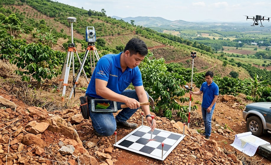 Kỹ sư trắc địa của Đo Đạc Đồng Nai đang cắm mốc GCP (Ground Control Point) tại góc thửa đất rẫy đồi dốc xã Sông Trầu huyện Trảng Bom để hiệu chỉnh dữ liệu LiDAR