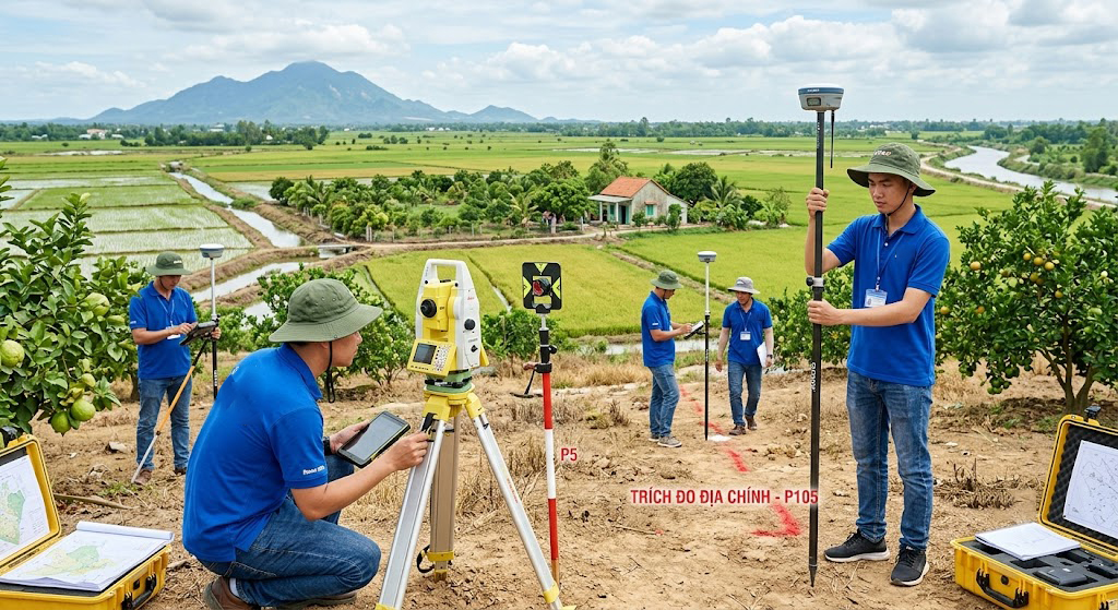 Đội kỹ sư trắc địa Đo Đạc Tây Ninh thực hiện khảo sát đo vẽ bản đồ địa hình và trích đo địa chính tại vùng nông nghiệp huyện Châu Thành, Tây Ninh với thiết bị máy GPS RTK và máy toàn đạc điện tử hiện đại
