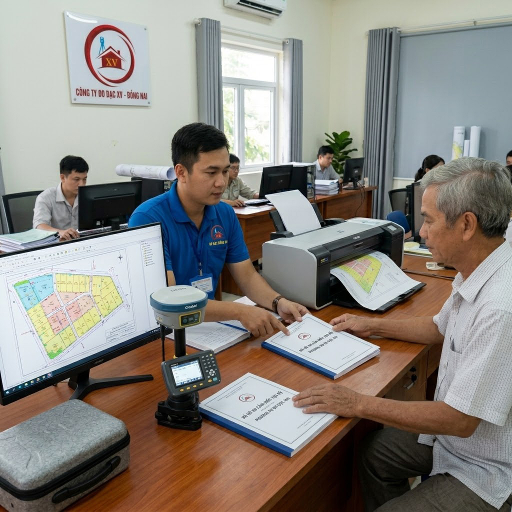 Kỹ sư trắc địa Đo Đạc Đồng Nai đang in và bàn giao bộ hồ sơ cắm mốc tọa độ cho chủ đất tại văn phòng làm việc, trên bàn có bản đồ địa chính số và thiết bị GNSS RTK]