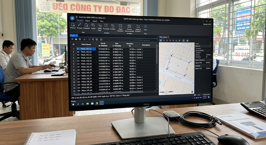 Màn hình máy tính hiển thị phần mềm xử lý số liệu trắc địa GNSS với tọa độ VN-2000 của các điểm góc thửa đất tại khu vực Biên Hòa, Đồng Nai