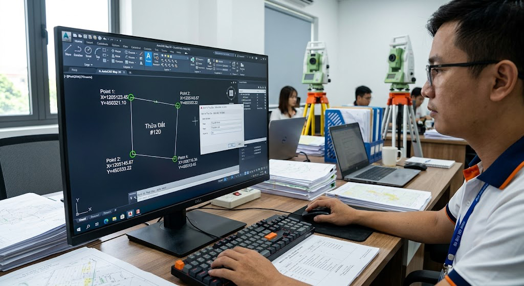 Màn hình phần mềm AutoCAD Map 3D hiển thị bản đồ thửa đất tọa độ VN-2000 với 4 điểm góc mốc được đánh số và ghi tọa độ X Y cụ thể, kỹ sư đang thao tác nhập liệu chuẩn bị đưa dữ liệu ra thực địa định vị tại văn phòng Đo Đạc Tây Ninh