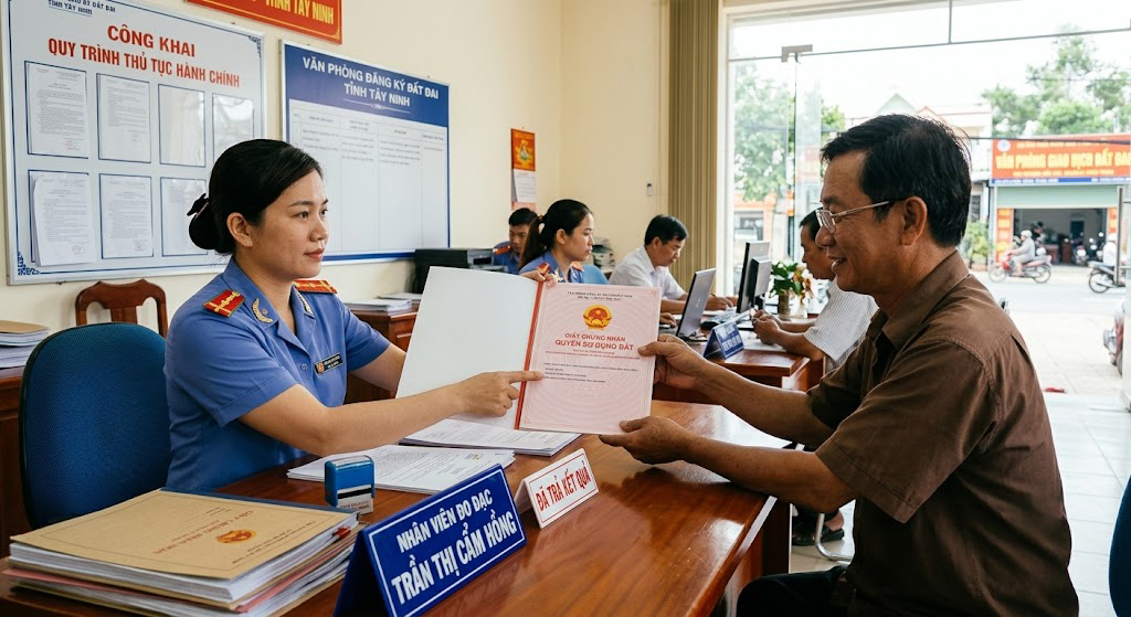 Nhân viên Đo Đạc Tây Ninh bàn giao sổ đỏ Giấy chứng nhận quyền sử dụng đất mới sau tách thửa cho chủ đất tại văn phòng giao dịch, tỉnh Tây Ninh