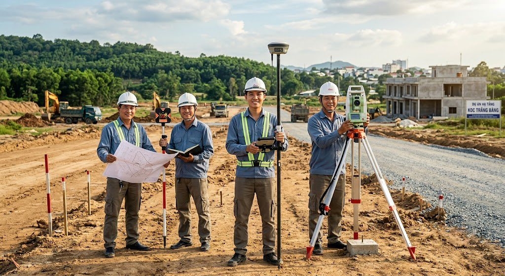Đội kỹ sư trắc địa Đo Đạc Tây Ninh chụp ảnh cùng máy GNSS RTK Leica GS18 T và máy toàn đạc điện tử tại công trường đo đạc địa hình phục vụ dự án hạ tầng khu vực thị xã Trảng Bàng, Tây Ninh