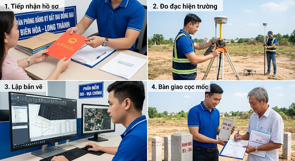 Ảnh tổng thể thể hiện tóm tắt 3-4 bước chính: 1. Tiếp nhận hồ sơ (chụp bàn làm việc). 2. Đo đạc hiện trường (chụp máy GPS). 3. Lập bản vẽ (chụp máy tính). 4. Bàn giao cọc mốc (chụp kỹ sư và chủ đất đang ký nhận).