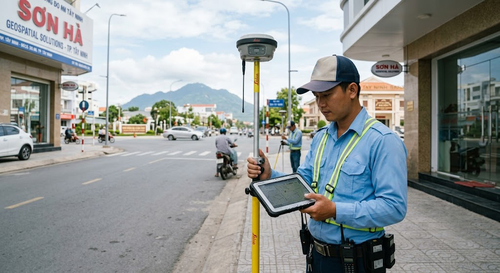 Kỹ sư trắc địa Đo Đạc Tây Ninh đang sử dụng máy GNSS RTK Leica GS18 kết nối trạm CORS để đo đạc xác định tọa độ các góc thửa đất tại khu vực trung tâm TP. Tây Ninh