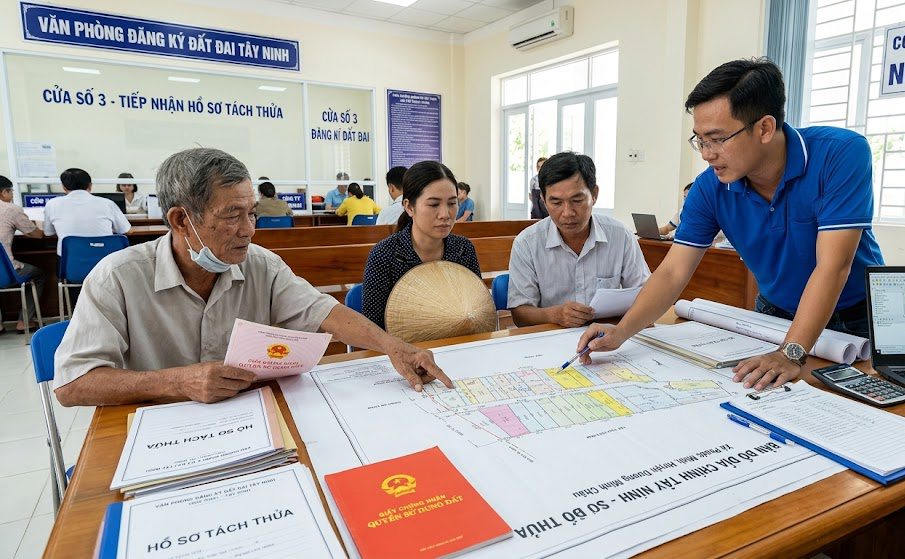 Kỹ sư đo đạc Tây Ninh đang tư vấn hồ sơ tách thửa đất nông nghiệp cho bà con tại văn phòng, bản đồ địa chính trải rộng trên bàn làm việc chuyên nghiệp
