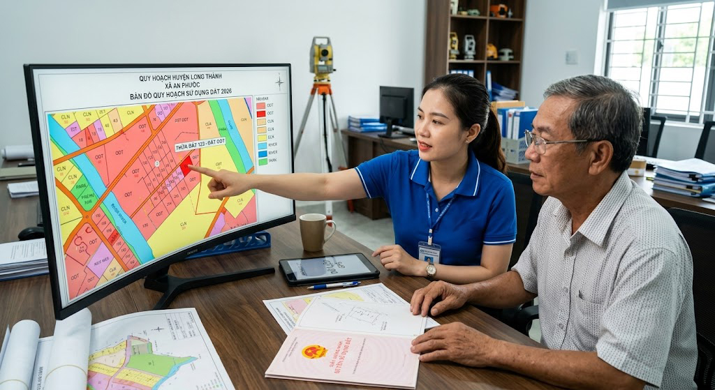 Một kỹ sư đo đạc và một chủ đất đang ngồi cùng nhau trước một màn hình máy tính lớn. Màn hình đang hiển thị một bản đồ quy hoạch chi tiết với các mảng màu khác nhau (ký hiệu loại đất). Kỹ sư đang chỉ tay vào một vị trí cụ thể trên bản đồ để giải thích cho chủ đất. Sổ đỏ bản gốc được đặt trên bàn.