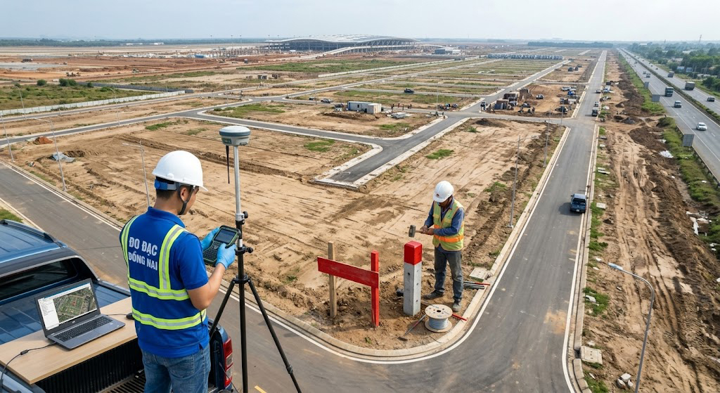 Một bức ảnh toàn cảnh (góc cao hoặc flycam tầm thấp) chụp một khu đất trống hoặc khu dân cư đang phát triển ở Đồng Nai (ví dụ: khu vực gần sân bay Long Thành hoặc dọc Quốc lộ 51). Một kỹ sư trắc địa mặc áo bảo hộ, đội mũ bảo hiểm đang thao tác với máy GPS RTK dựng trên tripod, trong khi một người khác đang cắm cọc mốc bê tông sơn đỏ ở góc đất.