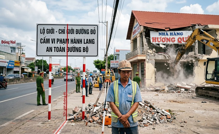 Một bức ảnh chụp một công trình xây dựng (ví dụ: một bức tường bao hoặc một phần nhà hàng) đang bị lực lượng chức năng hoặc máy xúc phá dỡ. Biển báo giao thông gần đó (ví dụ: biển 