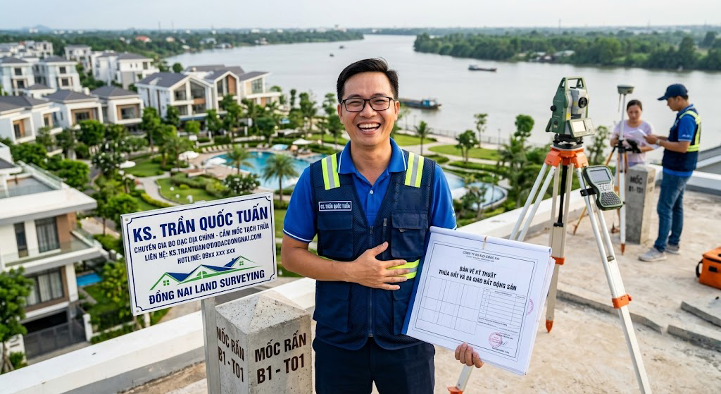 Kỹ sư đo đạc đang cười tươi, tay cầm bản vẽ kỹ thuật đã hoàn thành. Phía sau là một khu dân cư hiện đại đang được xây dựng hoặc dòng sông thơ mộng ở Đồng Nai, thể hiện sự thành công và uy tín. Cung cấp thông tin liên hệ một cách trực quan.