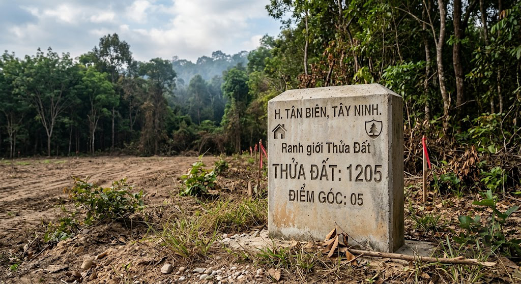 Cọc mốc bê tông ranh giới thửa đất được cắm tại điểm góc tiếp giáp vùng đệm rừng phòng hộ huyện Tân Biên, Tây Ninh – có khắc ký hiệu thửa đất và số điểm góc