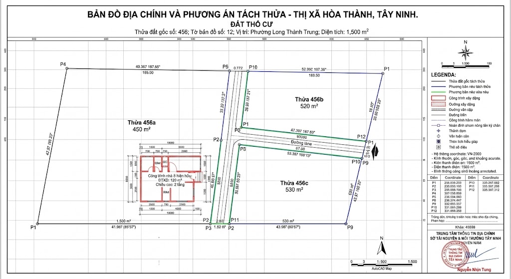 Bản đồ địa chính thửa đất thổ cư tại thị xã Hòa Thành Tây Ninh thể hiện phương án tách thửa kết hợp vị trí công trình nhà ở hiện hữu, được lập bằng phần mềm AutoCAD Map chuyên dụng